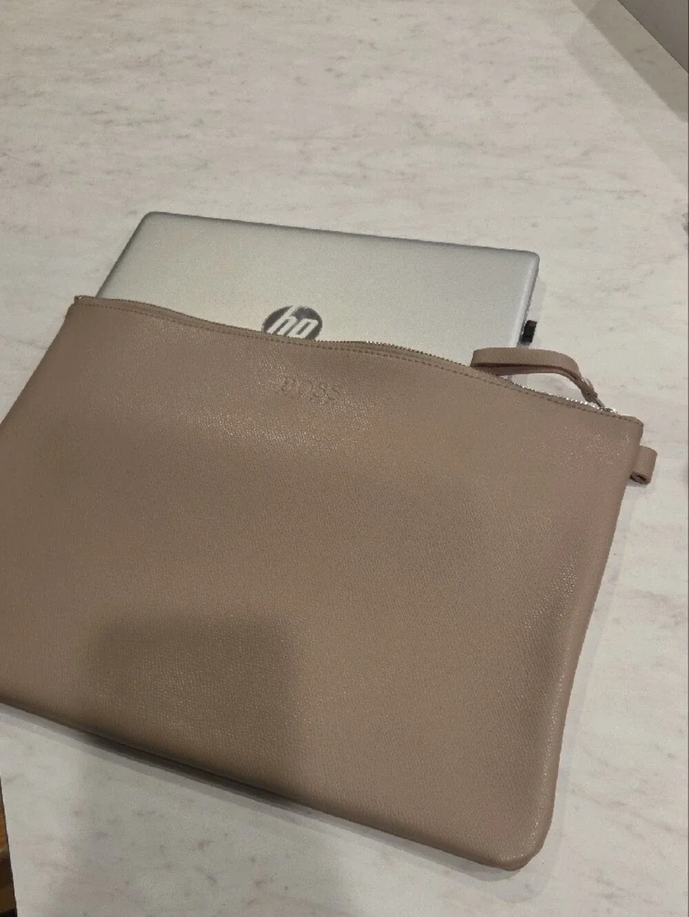 BOSS Taupe Leather Laptop Sleeve